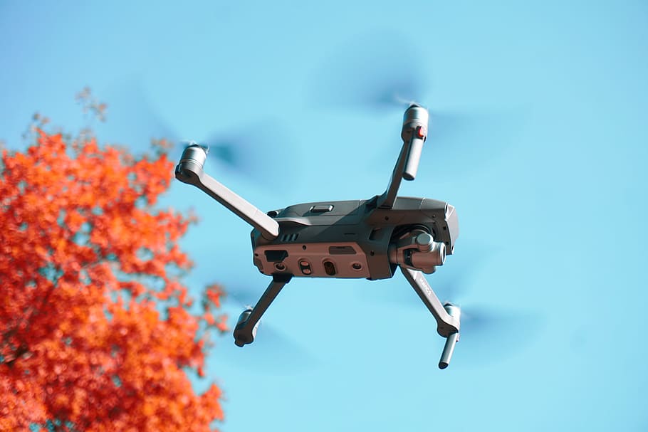 black and gray drone, camera, hover, red, blue, fly, mavic 2