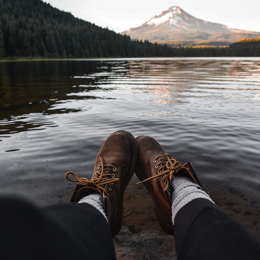 Peaceful sunset, boot, sock, pants, lake, forest, tree, mountain HD wallpaper