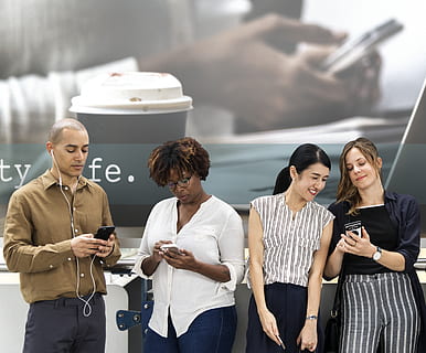 Three Women and One Man Looking on Smartphones, casual, cellphone HD wallpaper
