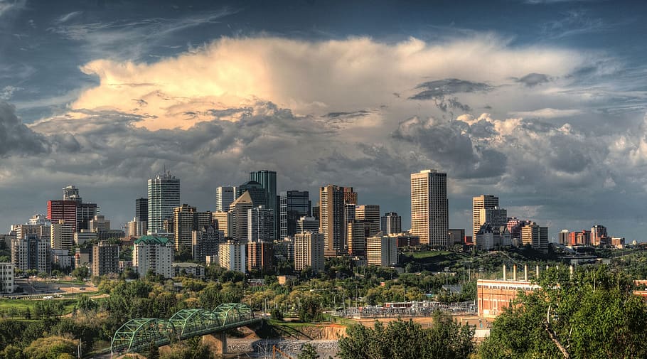 City Buildings, architecture, bridge, cityscape, clouds, cloudy HD wallpaper