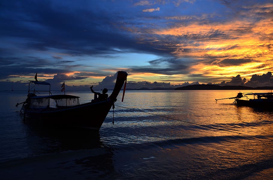 thailand, ao nang, ao nang beach, boat, selfie, sea, sunset, HD wallpaper