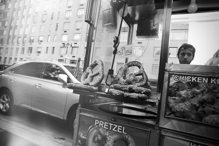 food stand, pretzels, chicken, street, display, man, bandana, HD wallpaper