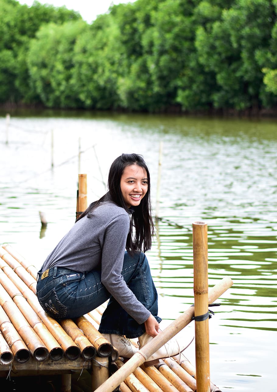 HD Wallpaper: Woman Smiling While Sitting On Bamboo Dock During.