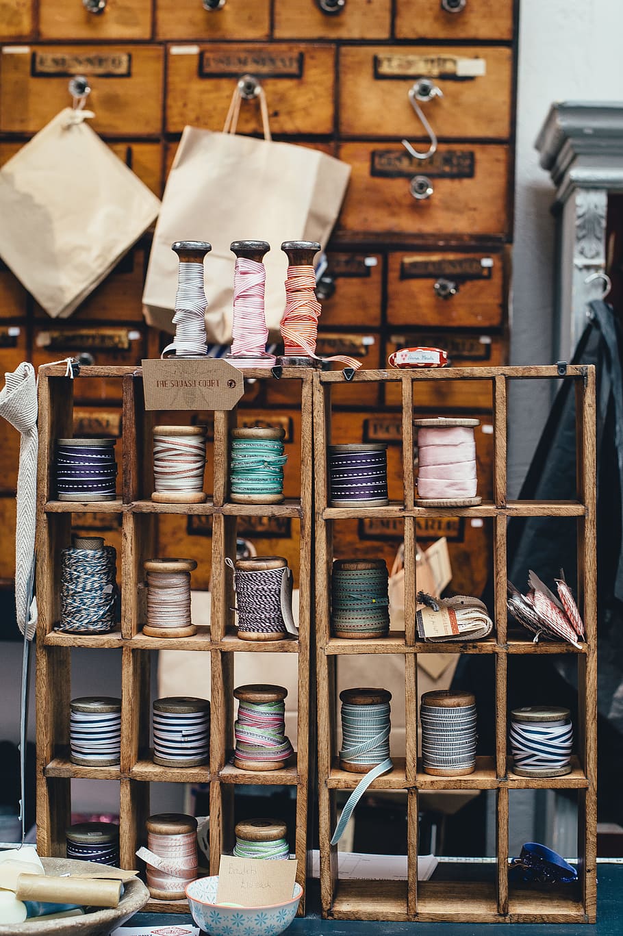 assorted threads on rack, spool, craft, display, shop, haberdashery HD wallpaper