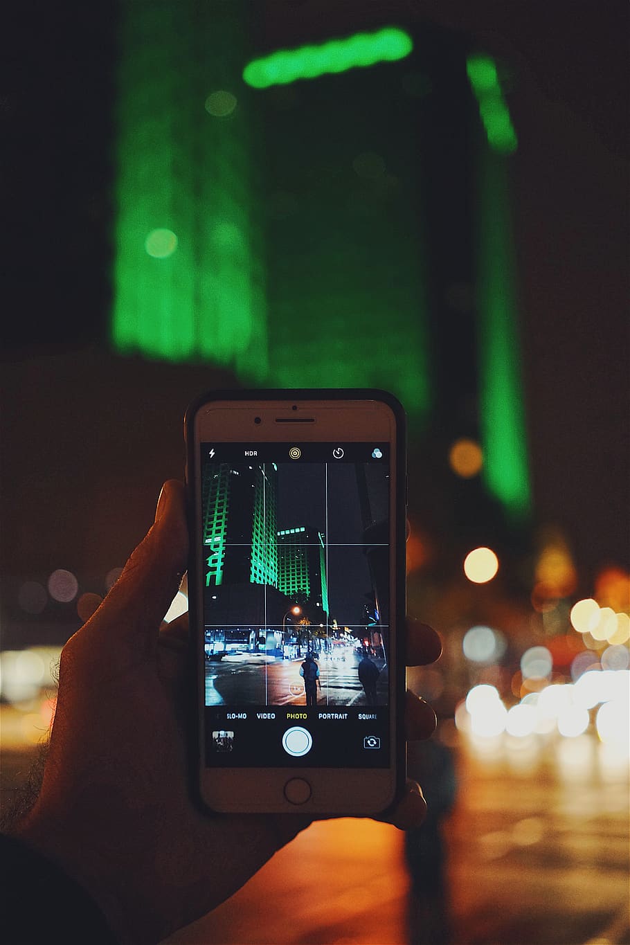 green, architecture, iphone, city, night, urban, sky, lights HD wallpaper