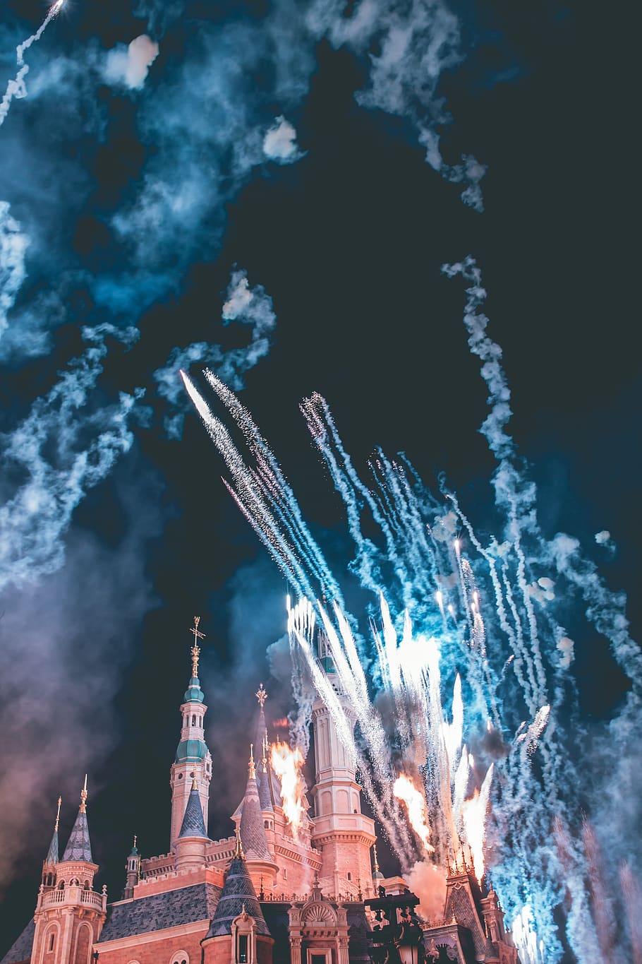castle surrounded by fireworks, built structure, architecture HD wallpaper