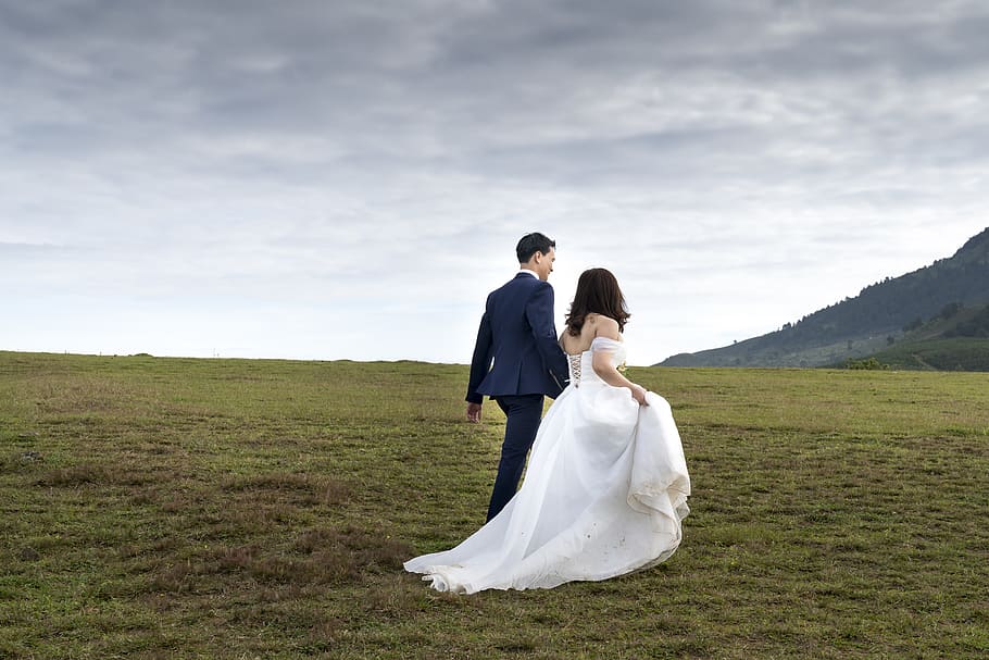 Photo of Couple On Grass Field, back view, bridal, bride, clouds, HD wallpaper