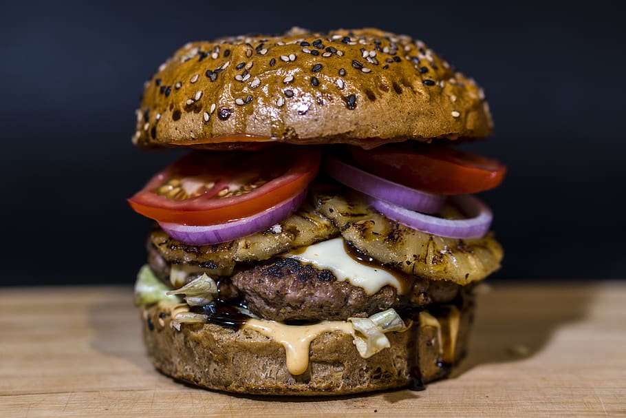 baked burger on brown surface, food, pineapple, hawaiian, hamburger HD wallpaper