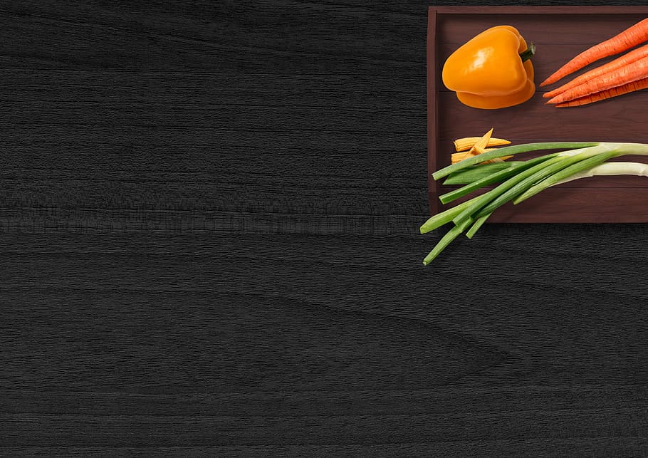 vegetables, tray, paprika, carrots, onions, spring onions, corn, HD wallpaper