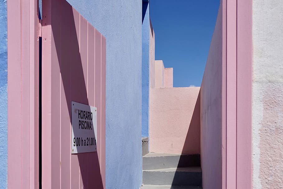 pink door is open during daytime, handrail, banister, railing, HD wallpaper