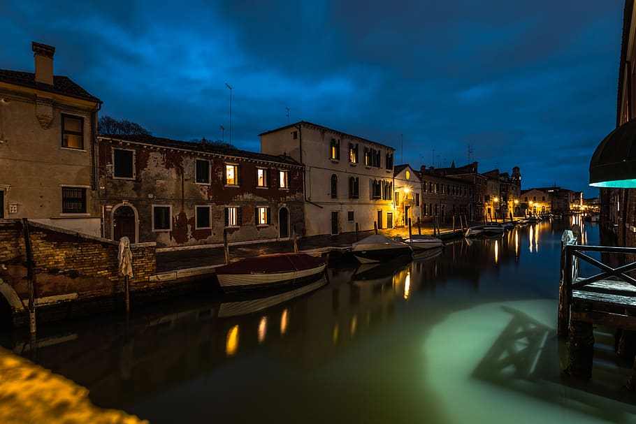 boats at dock during nighttime, water, outdoors, canal, transportation HD wallpaper