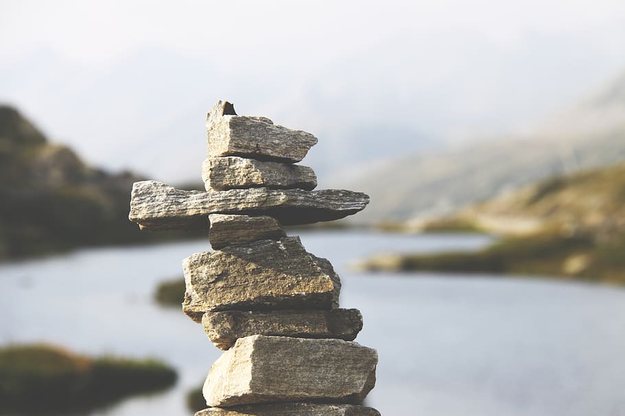 rocks, stacked, balance, stone, water, tranquil, outdoors, sunlight HD wallpaper