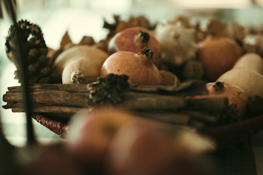 pomegranate, pumpkin, basket, fall colours, still life, cinnamon sticks HD wallpaper