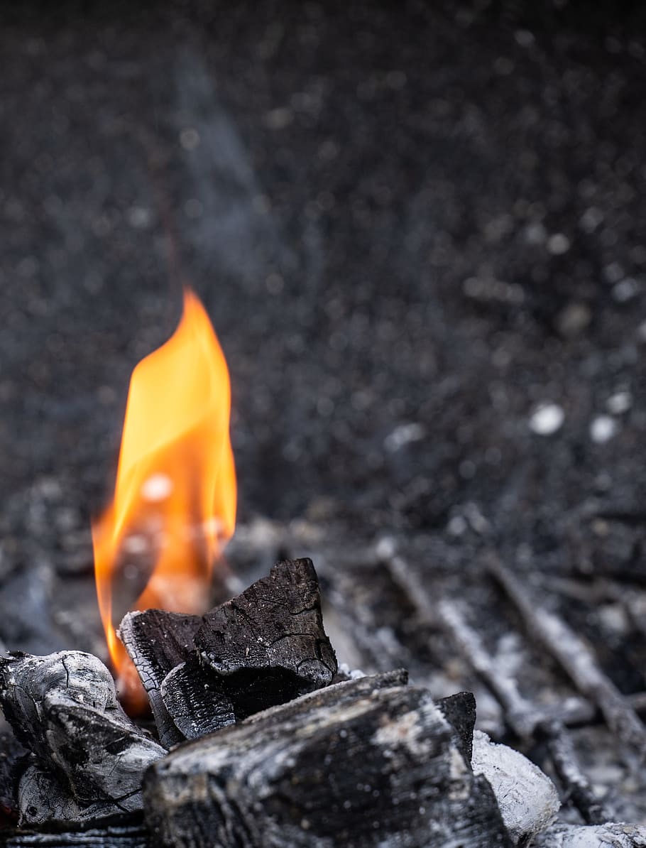 fire on wood, flame, charcoal, burn, orange, dark, black, closeup, HD wallpaper