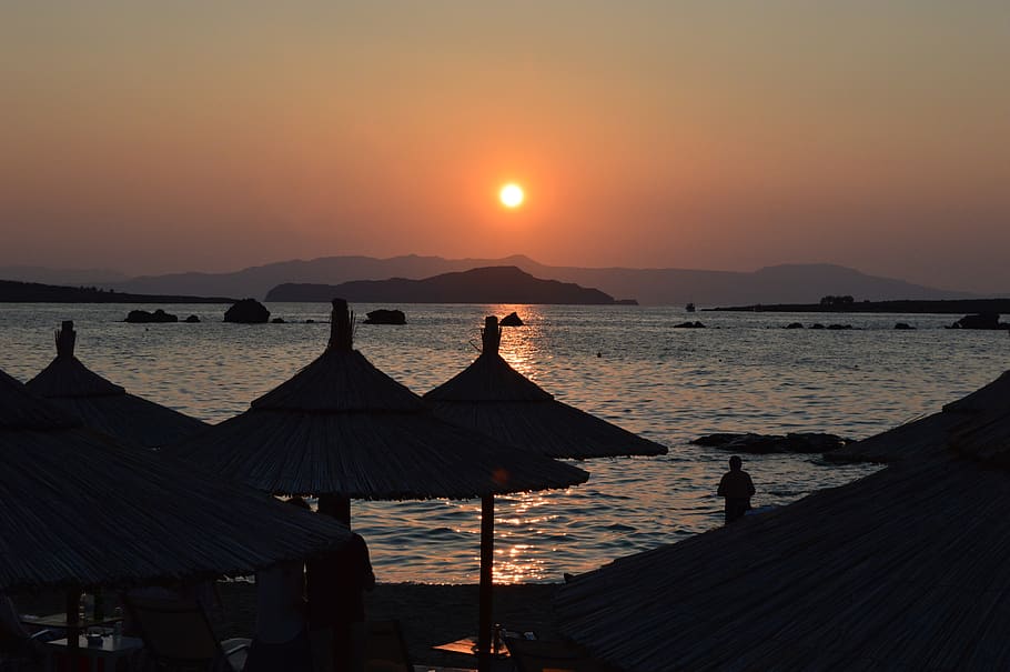 holiday, sunset, beach, crete, mood, summer, evening, sky, water HD wallpaper