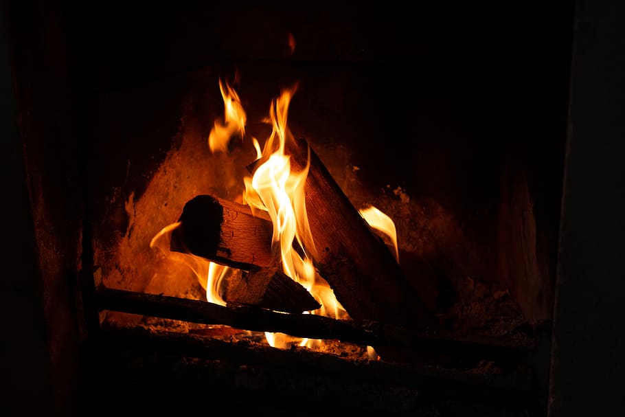 firewood burned on fireplace, flame, bonfire, indoors, hearth HD wallpaper