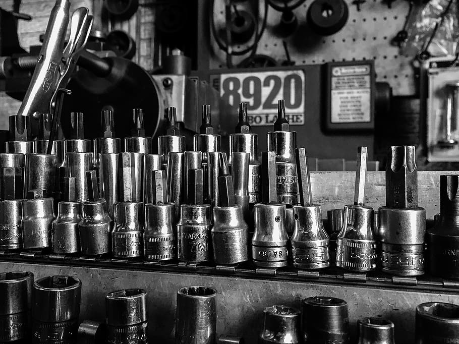 tools, black and white, garage, indoors, large group of objects HD wallpaper