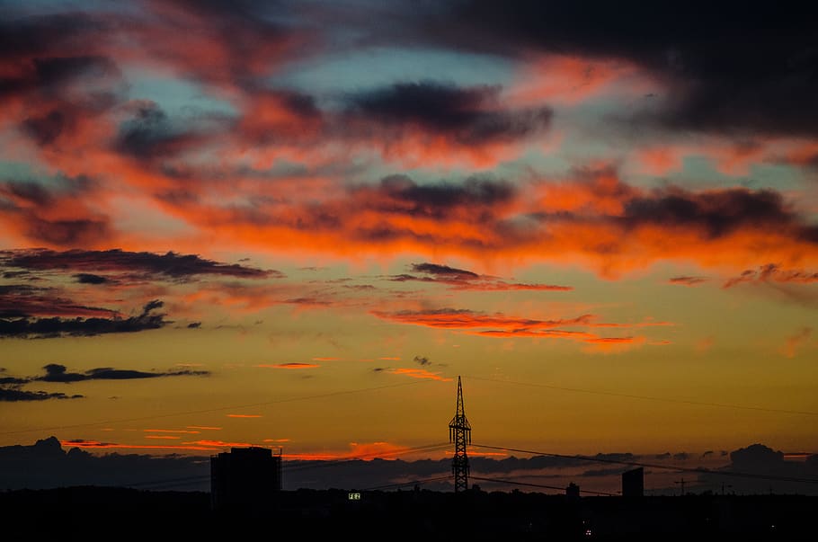 sunset, strommast, energy, dusk, abendstimmung, power line HD wallpaper