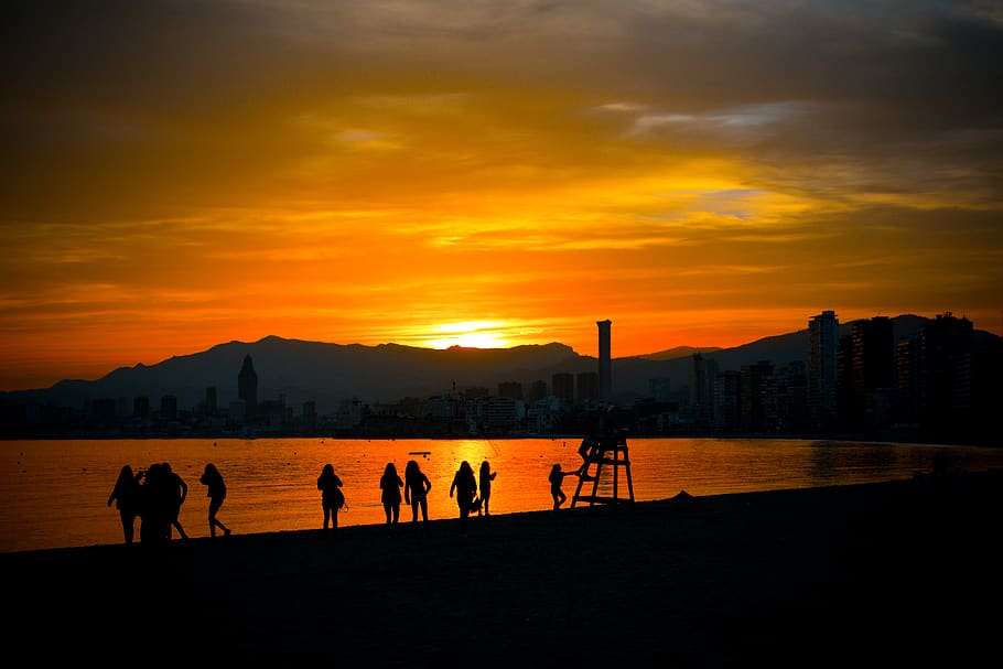 spain, benidorm, av. madrid, beach, sunset, sky, silhouette HD wallpaper