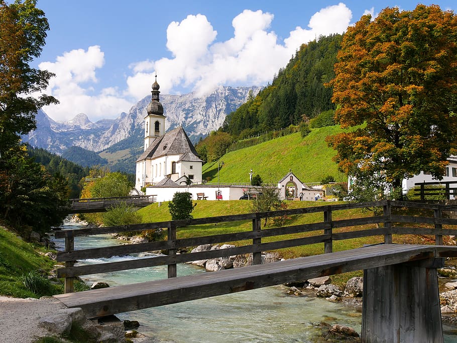 nature, landscape, mountains, church, river, bridge, ramsau, HD wallpaper