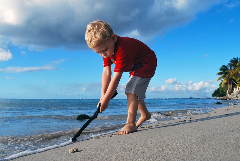 boy, sand, sea, summer, beach, water, toddler, playing, stick HD wallpaper