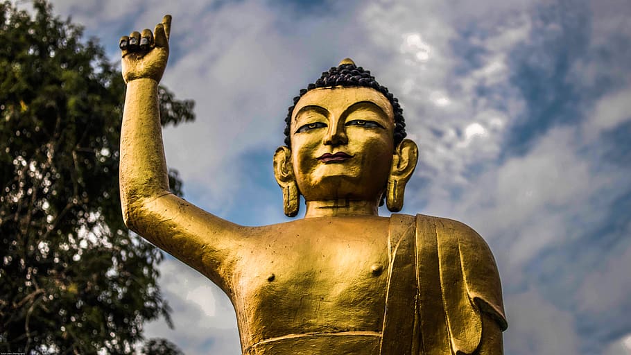 brass-colored Buddha statue, worship, art, building, architecture HD wallpaper