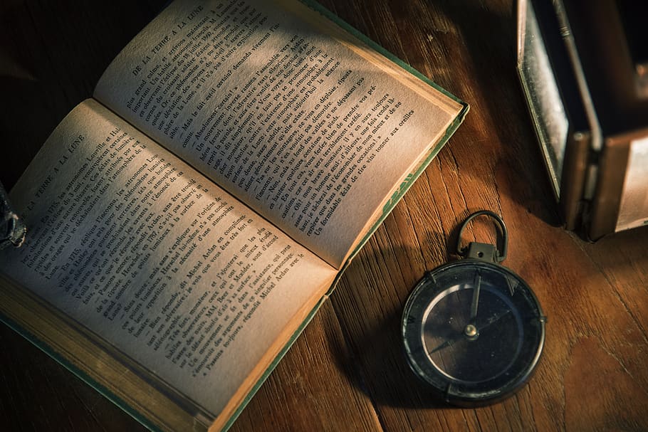 Opened Book Beside Compass, flatlay, page, publication, text HD wallpaper
