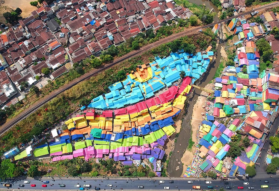aerial view of buildings and trees, multi colored, high angle view HD wallpaper