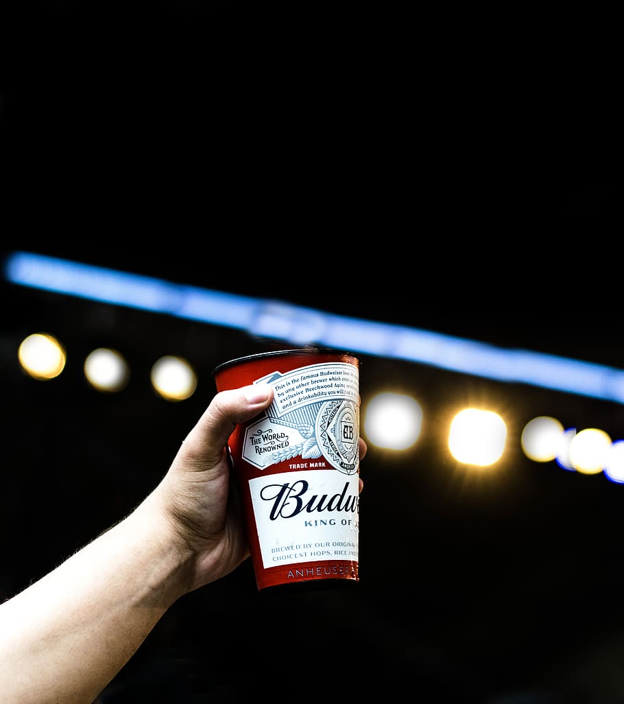 Person Holding Budweiser Cup, alcoholic beverage, beer, blur