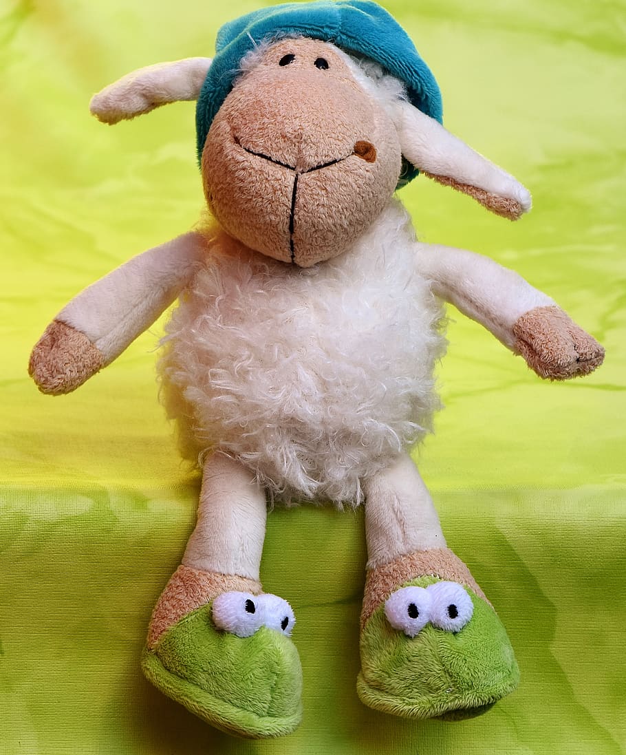 sheep, sleepyhead, cap, slippers, teddy bear, stuffed animal HD wallpaper