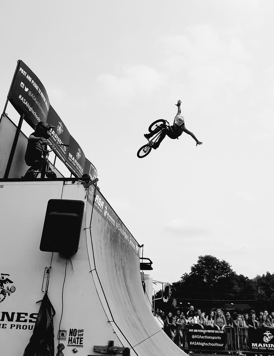 bmx, stunt, ramp, speed, sport, adventure, jump, black and white HD wallpaper