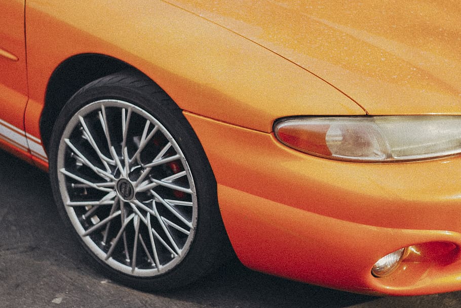 orange car, tire, car wheel, spoke, machine, transportation, vehicle HD wallpaper