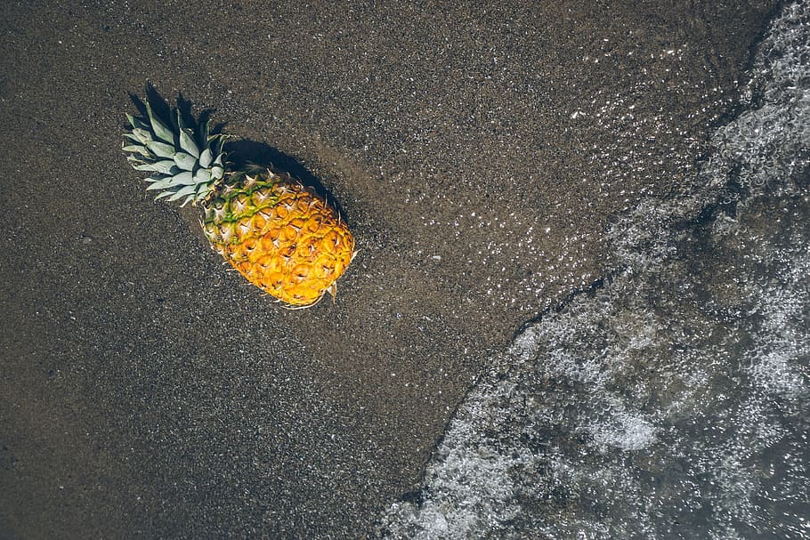 Pineapple At The Beach Photo, Beaches, Fruit, Water, high angle view HD wallpaper