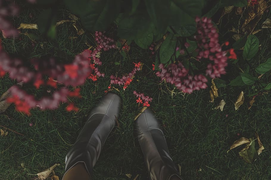person wearing gray boots near plant, flower, park, one person HD wallpaper