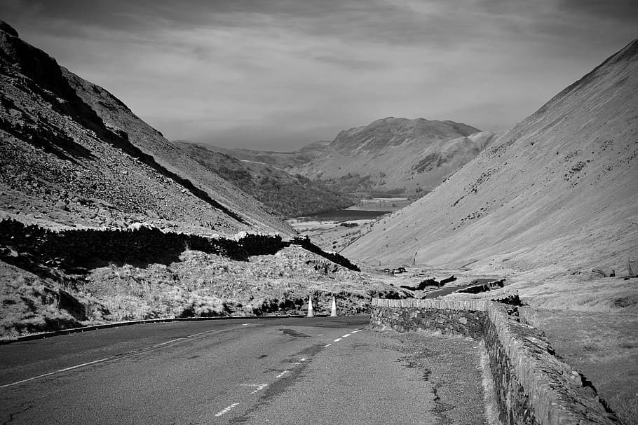 lake district, england, countryside, ullswater, black and white, HD wallpaper