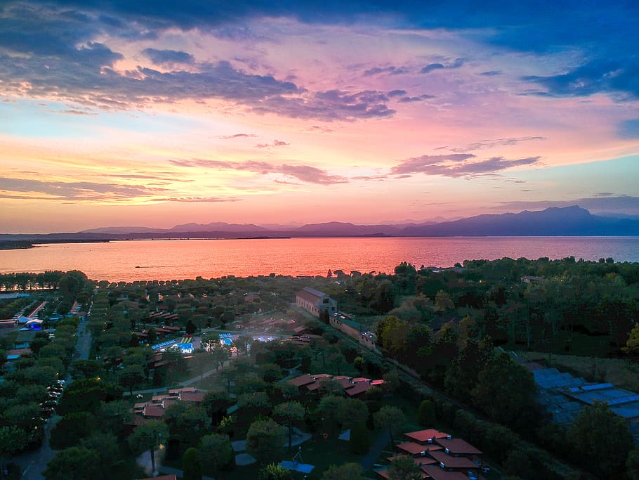 italy, peschiera del garda, via marzan, aerial, lake, sunset, HD wallpaper