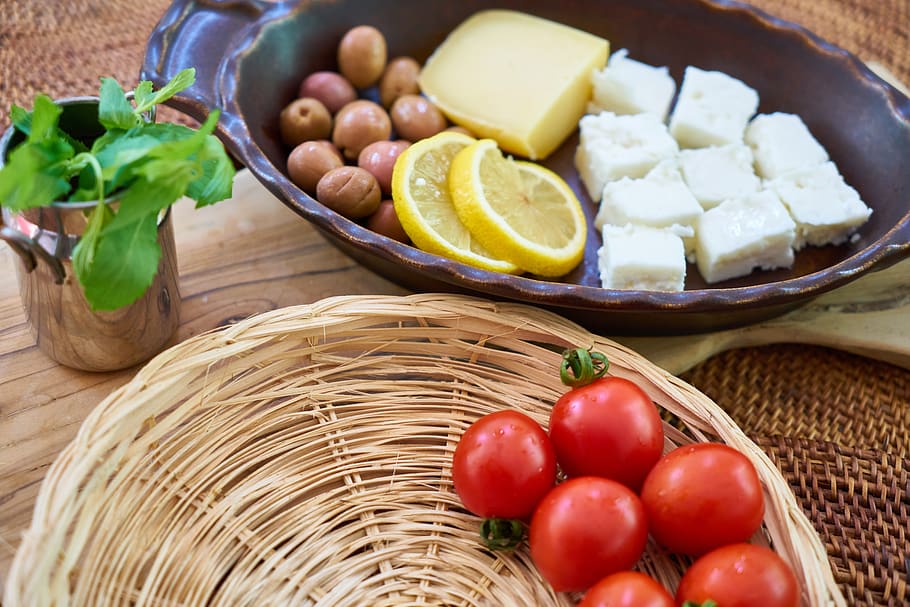 breakfast, vegetable, fruit, tomato, lemon, cheese, mint, olives HD wallpaper