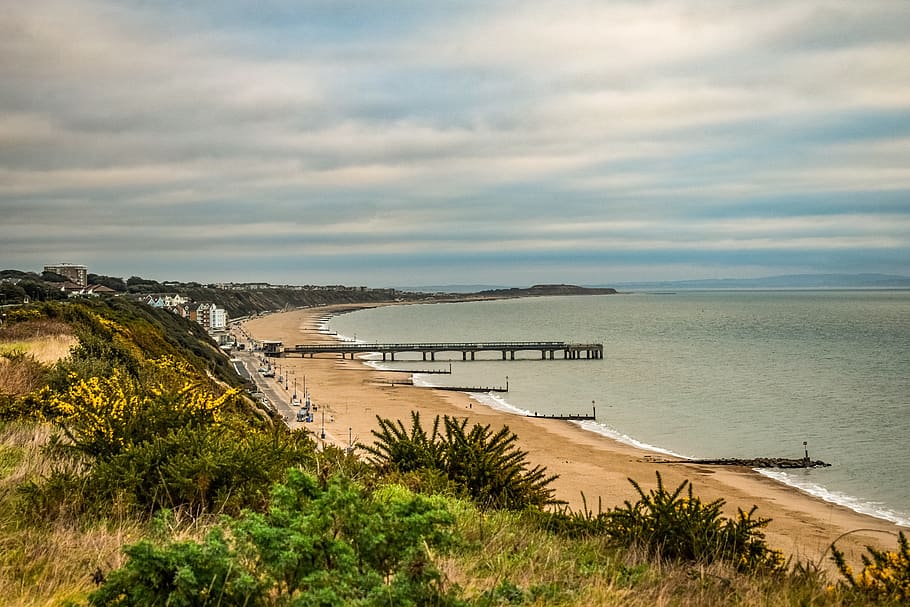 bournemouth, east cliff, beach, sand, travel, sky, clouds, landscape, HD wallpaper
