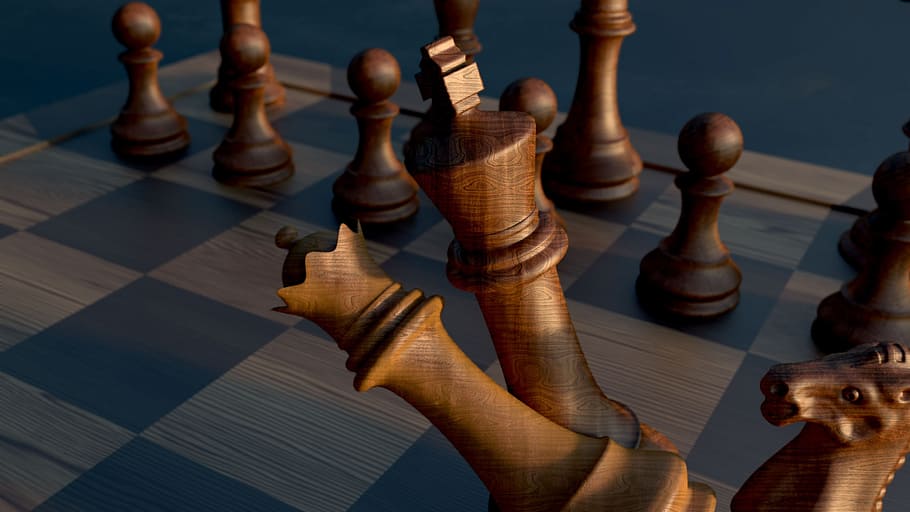 Rendering of wooden chess set in action., game, king, competition HD wallpaper