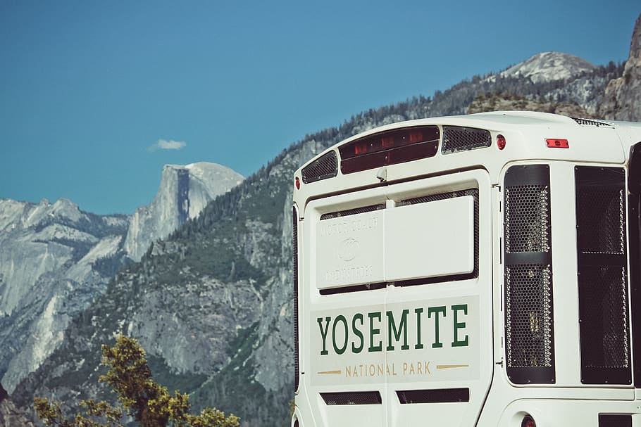 united states, tunnel view, trees, forest, halfdome, bus, yosemite, HD wallpaper