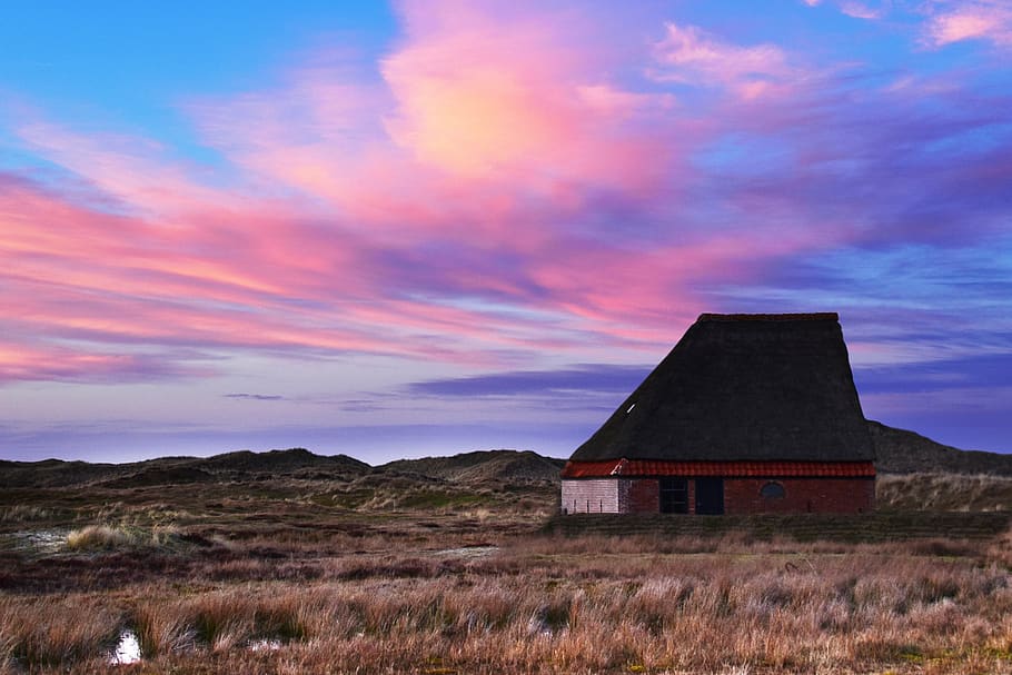sunset, house, field, landscape, architecture, evening, building HD wallpaper