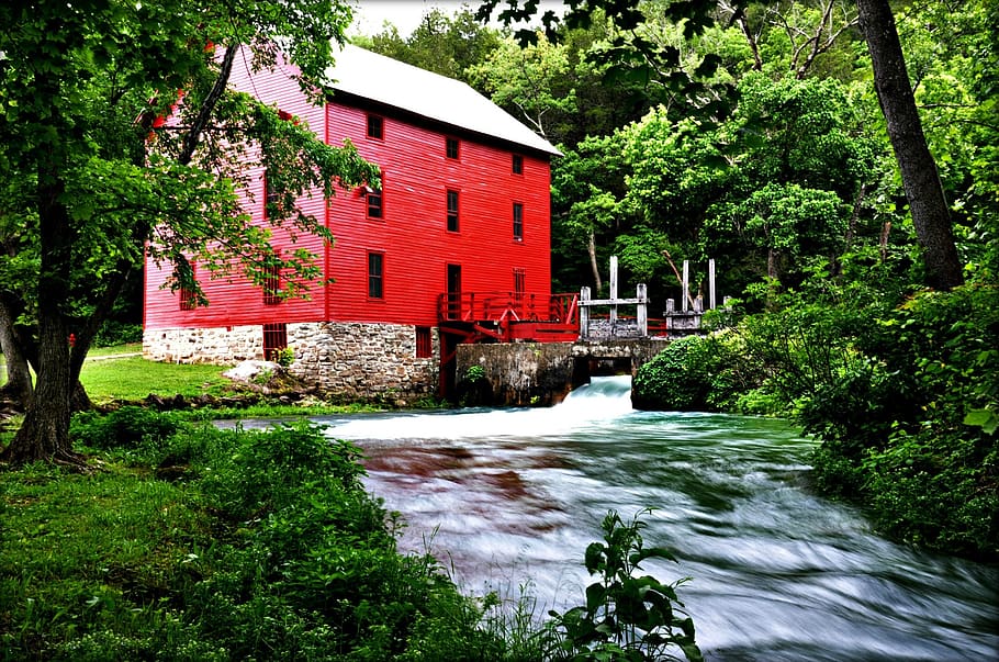 gristmill, building, old, historical, scenic, stream, water HD wallpaper