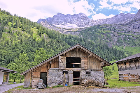 wood, mountain, tree, nature, house, farm, landscape, barn HD wallpaper