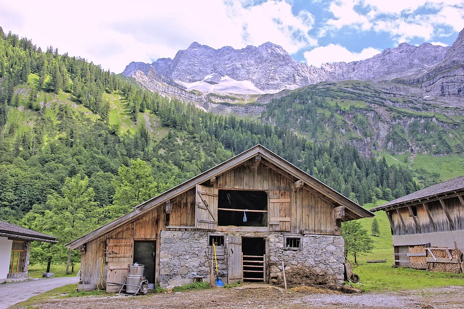 wood, mountain, tree, nature, house, farm, landscape, barn HD wallpaper