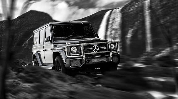 black and white, forest, trees, fast, mercedes, benz, gwagon HD wallpaper