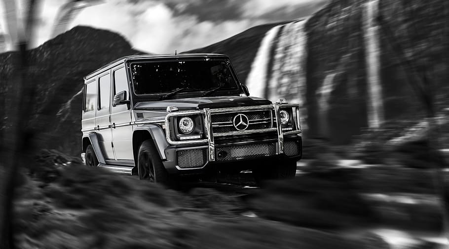 black and white, forest, trees, fast, mercedes, benz, gwagon HD wallpaper