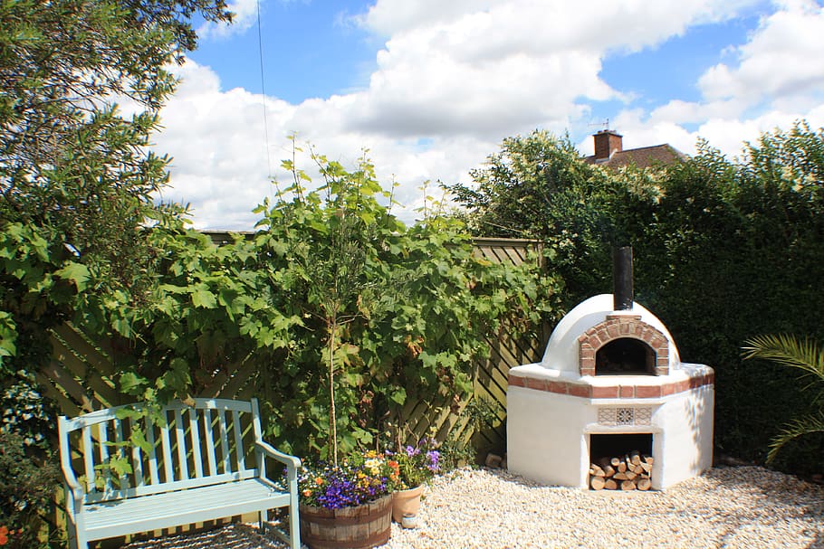 clouds, chimney, brick, plants, grape vine, hedge, bench, pizza HD wallpaper