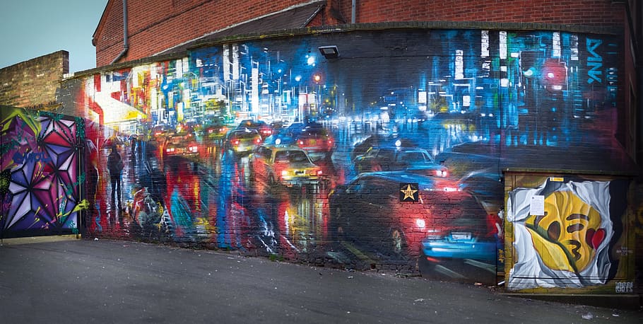 graffiti, person, human, painting, wall, art, mural, car, vehicle, HD wallpaper