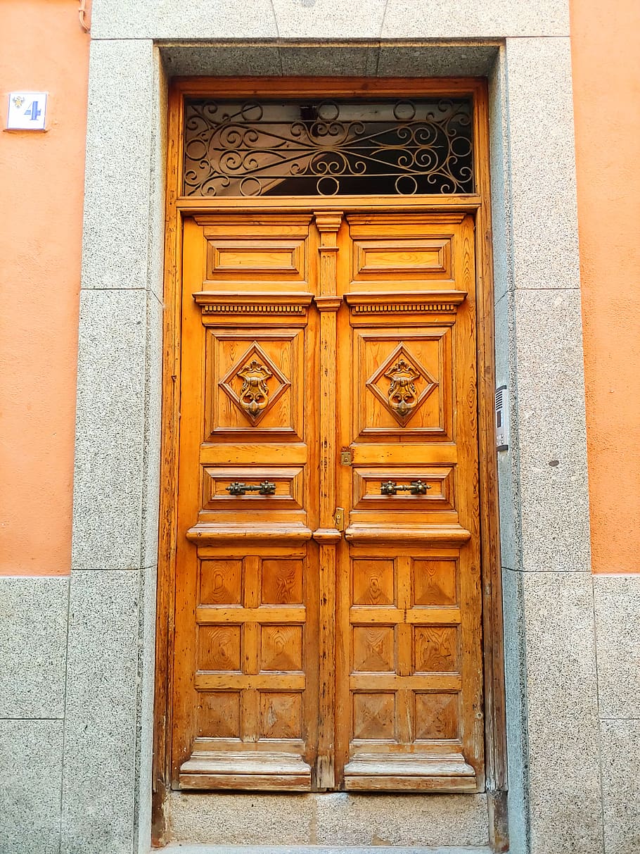 two closed brown doors, entrance, architecture, built structure HD wallpaper