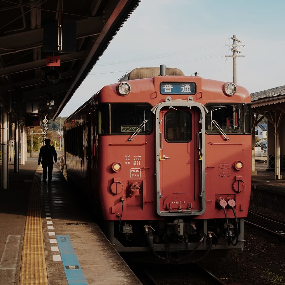 red train beside station during daytime, rail transportation HD wallpaper